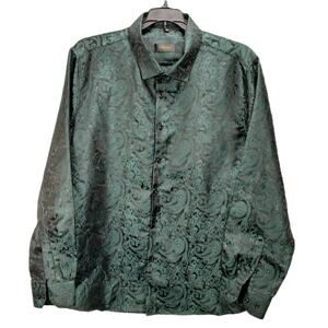 DiBanGu Mens/ Silk Green Paisley Dress Shirt/ Long Sleeve/ XL/Holiday/Fancy